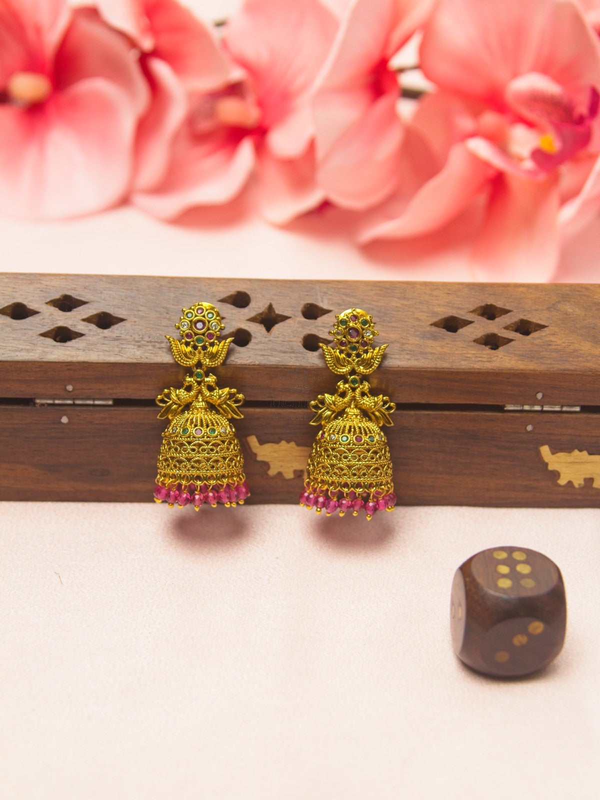 Antique Gold Peacock Jhumka Earrings with Ruby Green Stones & Pink Beads