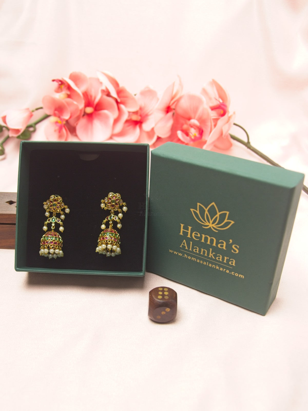 Antique Gold Ruby Green Kemp Jhumka Earrings with Pearl Drops