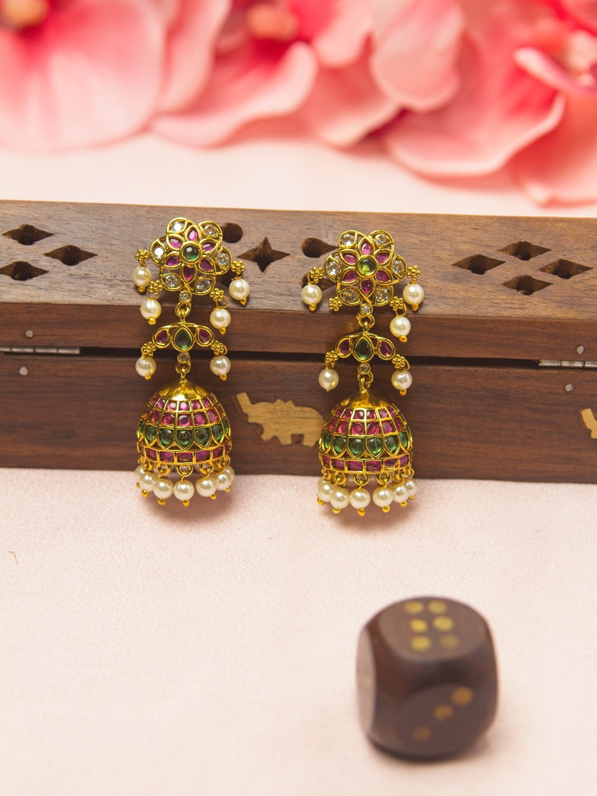 Antique Gold Ruby Green Kemp Jhumka Earrings with Pearl Drops