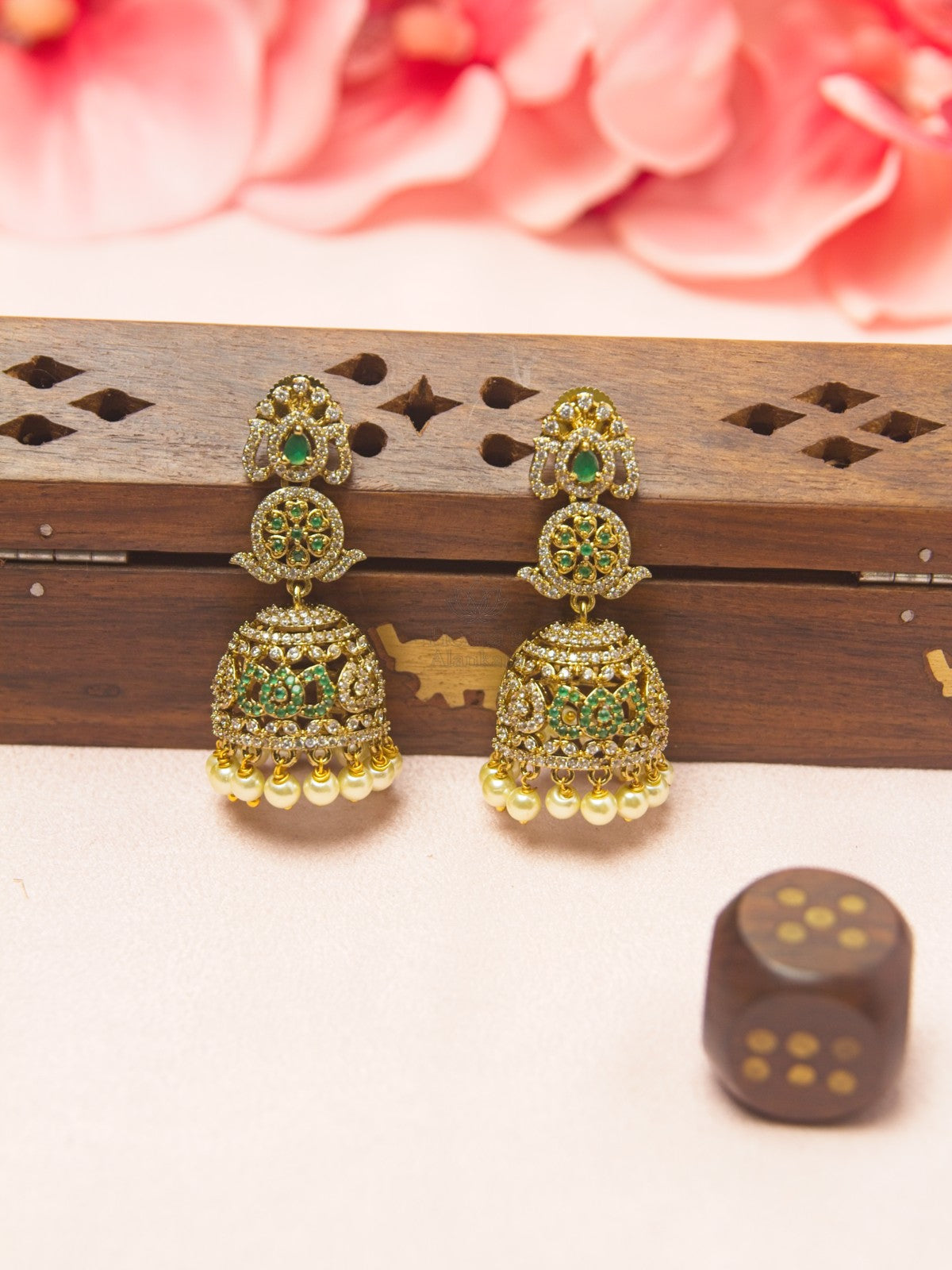 Emerald Floral Temple AD Jhumka Earrings with Pearl Drops (Gold-Plated Bridal Earrings)