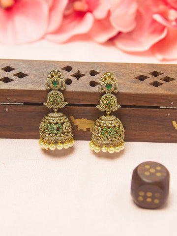 Emerald Floral Temple AD Jhumka Earrings with Pearl Drops (Gold-Plated Bridal Earrings)
