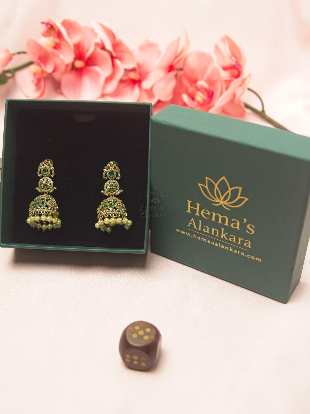 Emerald Floral Temple AD Jhumka Earrings with Pearl Drops (Gold-Plated Bridal Earrings)