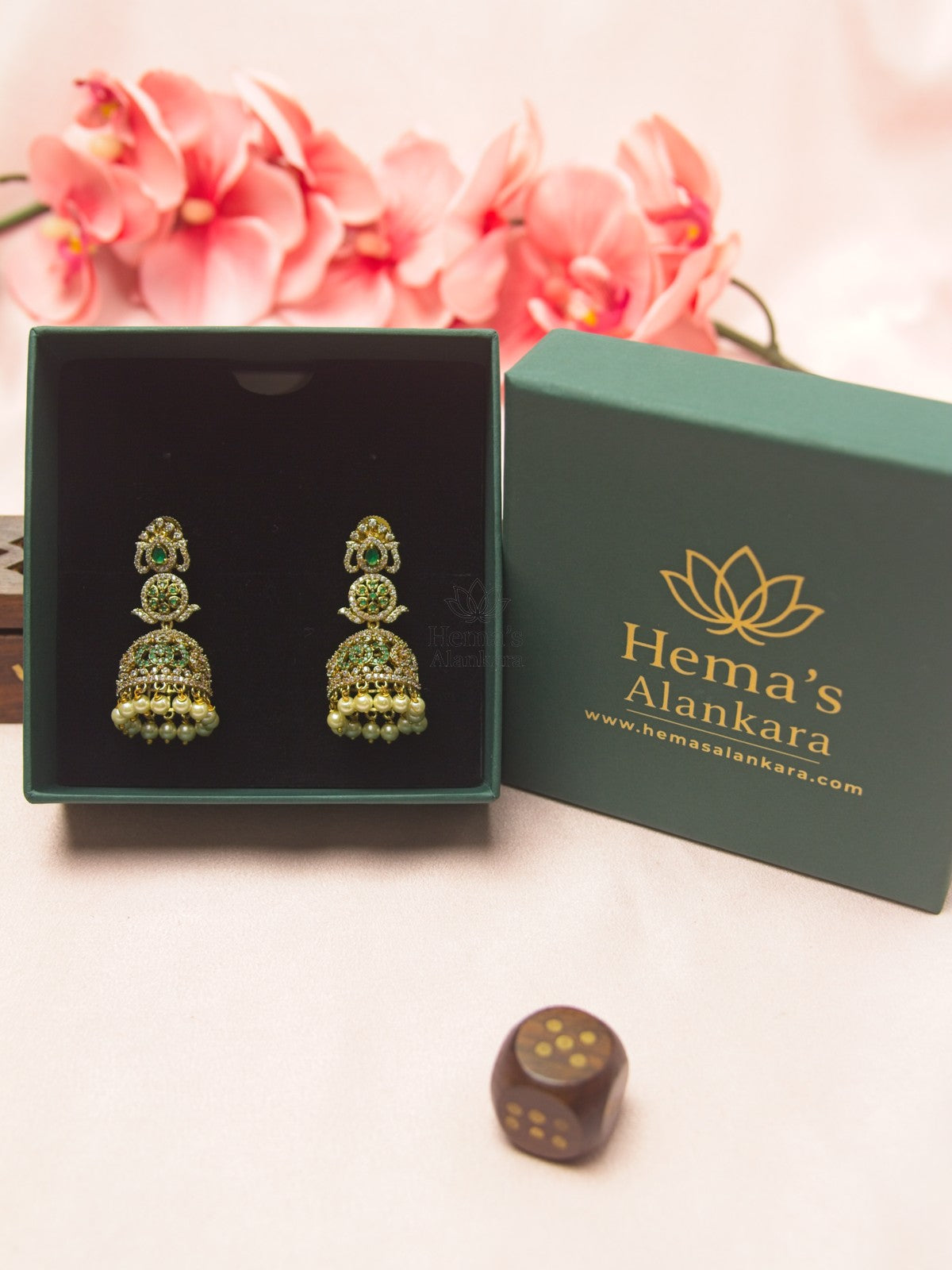 Emerald Floral Temple AD Jhumka Earrings with Pearl Drops (Gold-Plated Bridal Earrings)