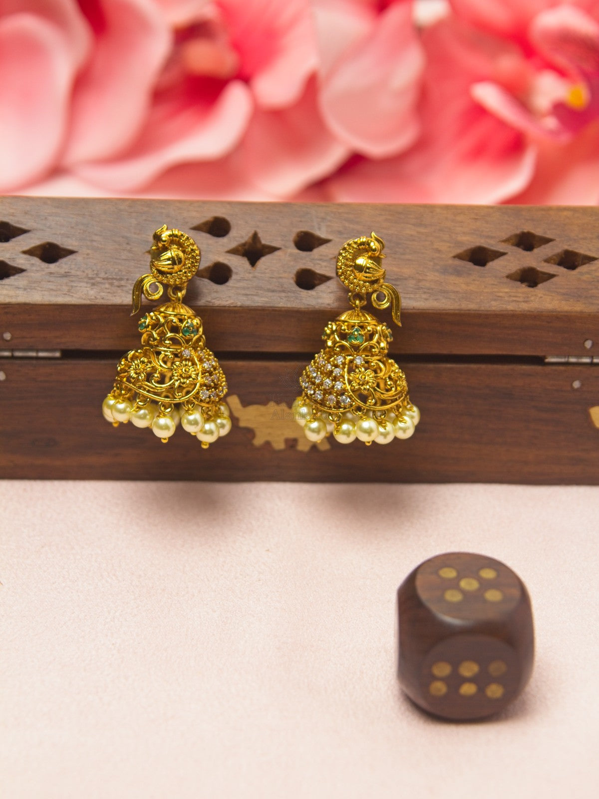Antique Golden Peacock CZ Jhumka Earrings with Pearl Drops