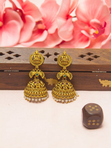 Antique Gold Lakshmi Peacock Temple Jhumka Earrings with Pearl Drops