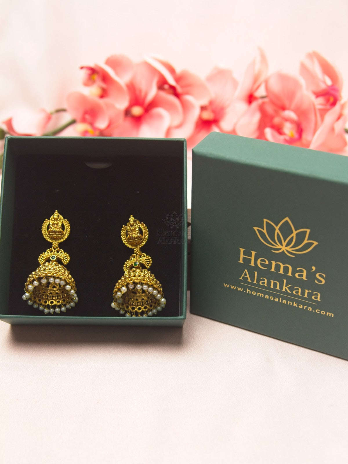 Antique Gold Lakshmi Peacock Temple Jhumka Earrings with Pearl Drops