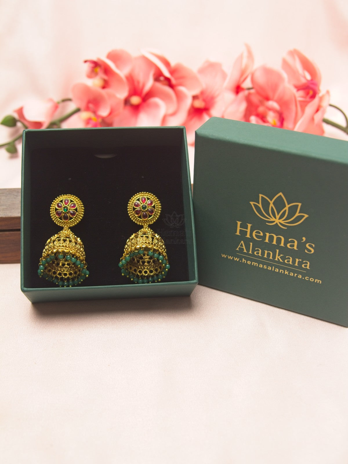 Antique Circular Ruby Jhumka Earrings with Green Beads