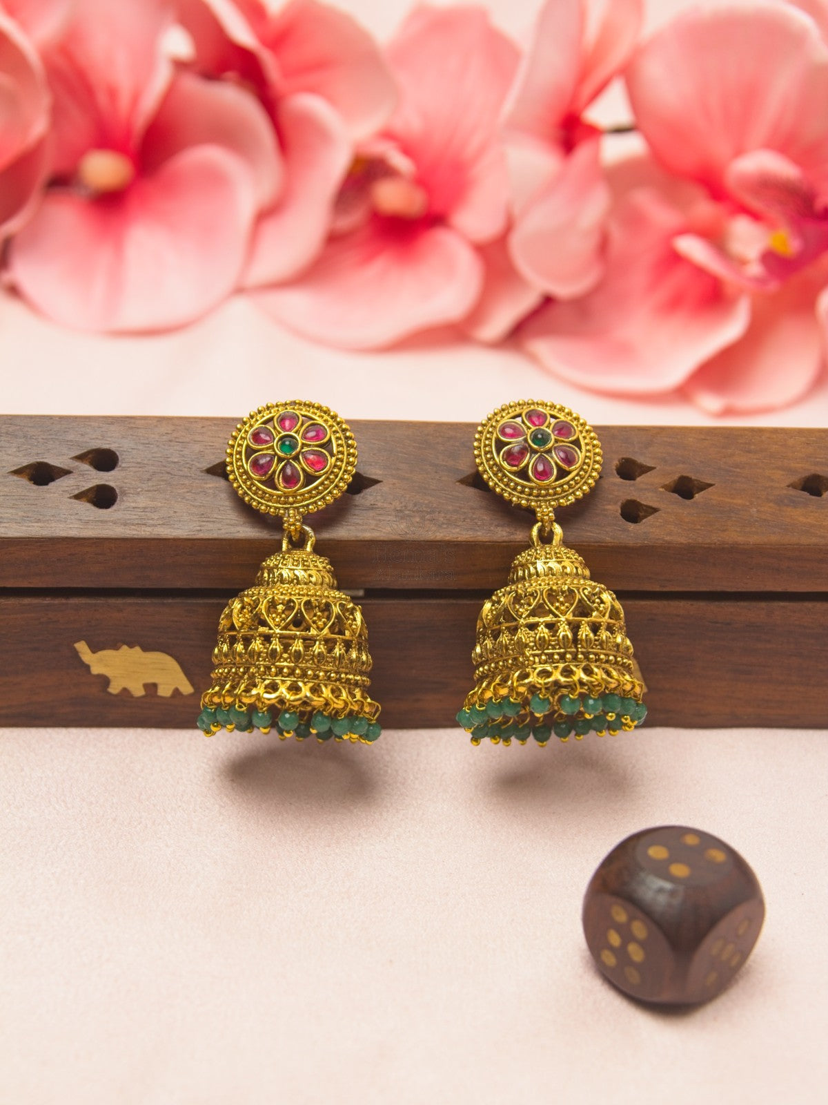 Antique Circular Ruby Jhumka Earrings with Green Beads