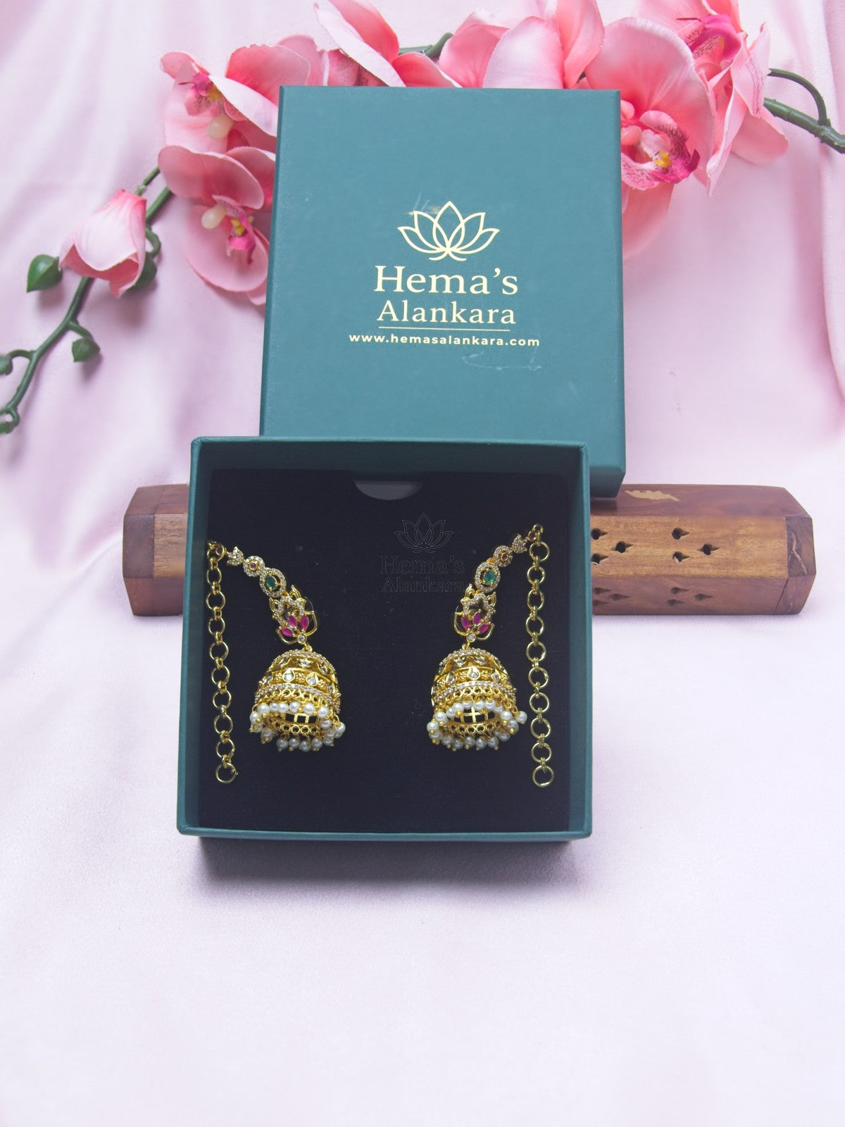 Royal Ruby Emerald Kundan Jhumka Earrings with Chain & Pearl Drops