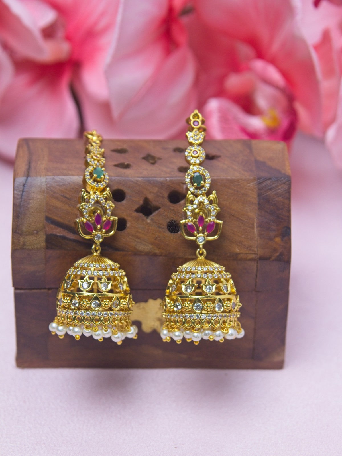 Royal Ruby Emerald Kundan Jhumka Earrings with Chain & Pearl Drops