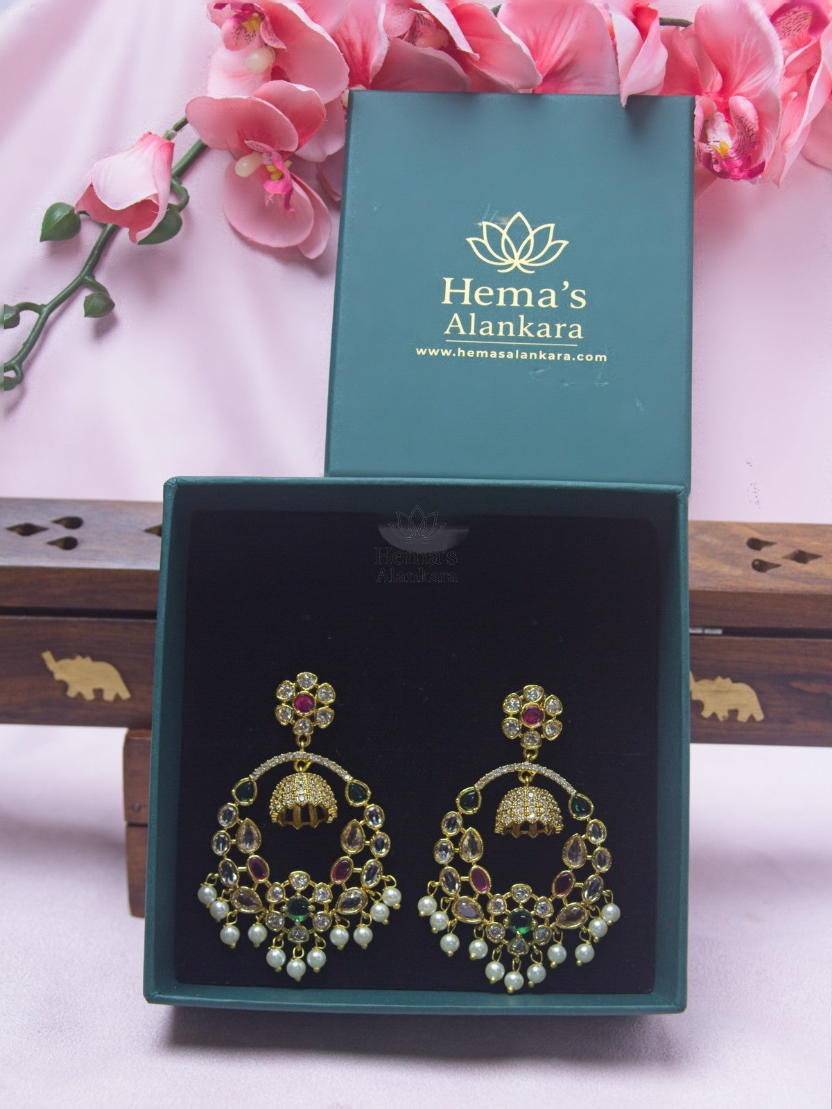 Royal Circular Hoop Jhumka Earrings with Ruby & Green CZ Stones and Pearl Drops