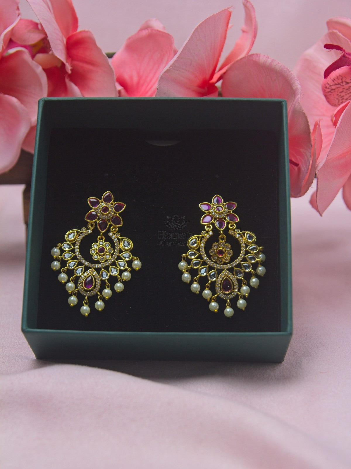 Ruby & CZ Floral Half-Moon Earrings with Pearl Drops