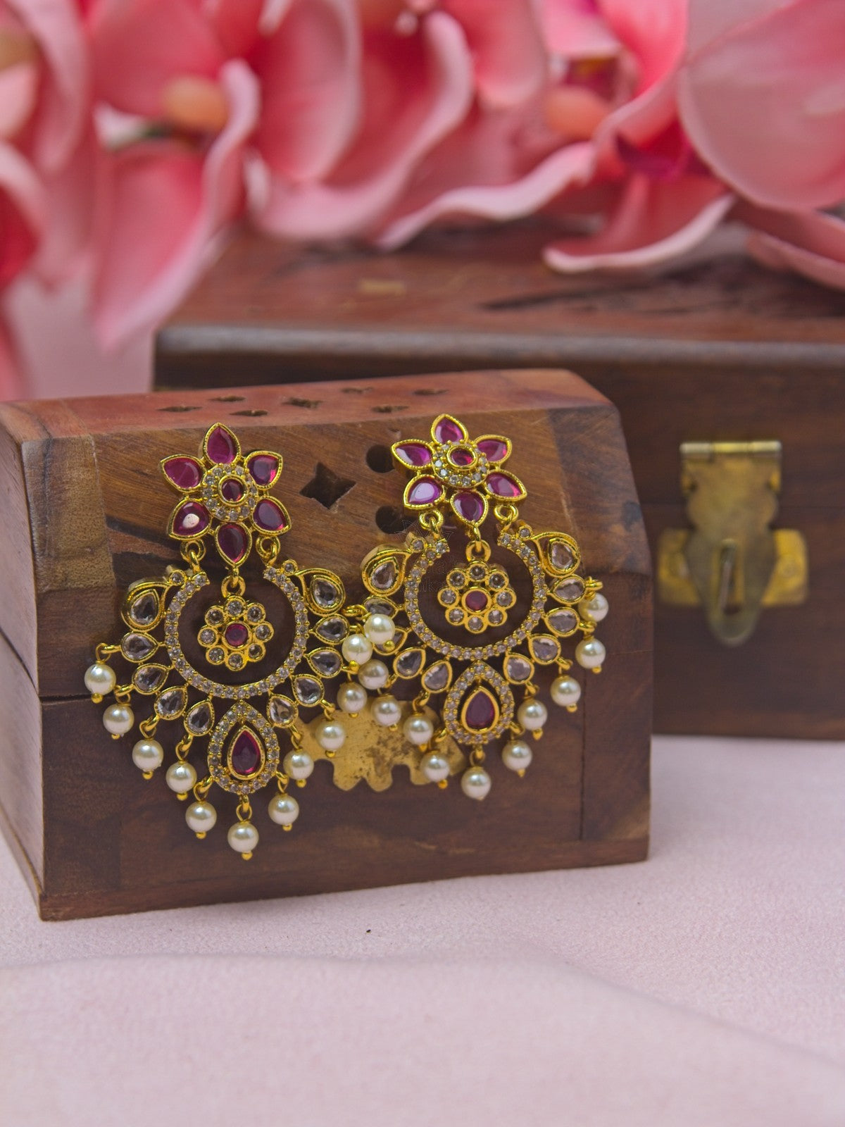 Ruby & CZ Floral Half-Moon Earrings with Pearl Drops