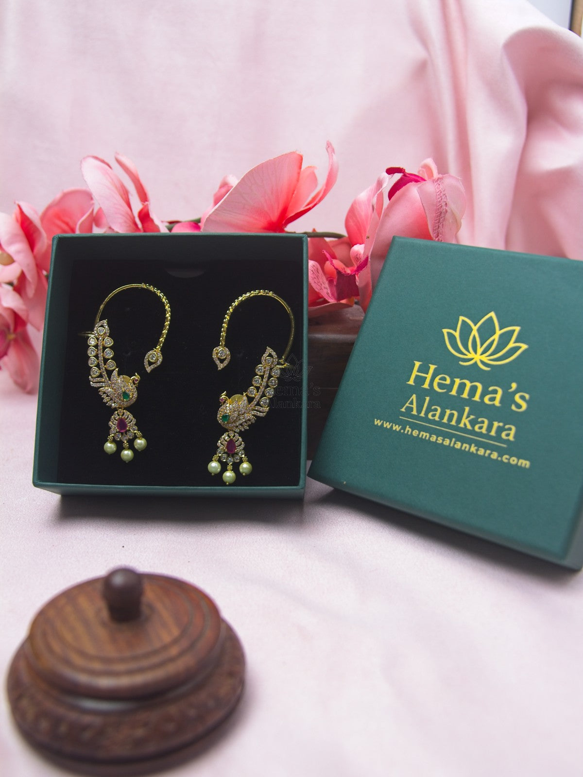 Gold-Tone CZ Peacock Ear Cuff Earrings | Statement Jewellery