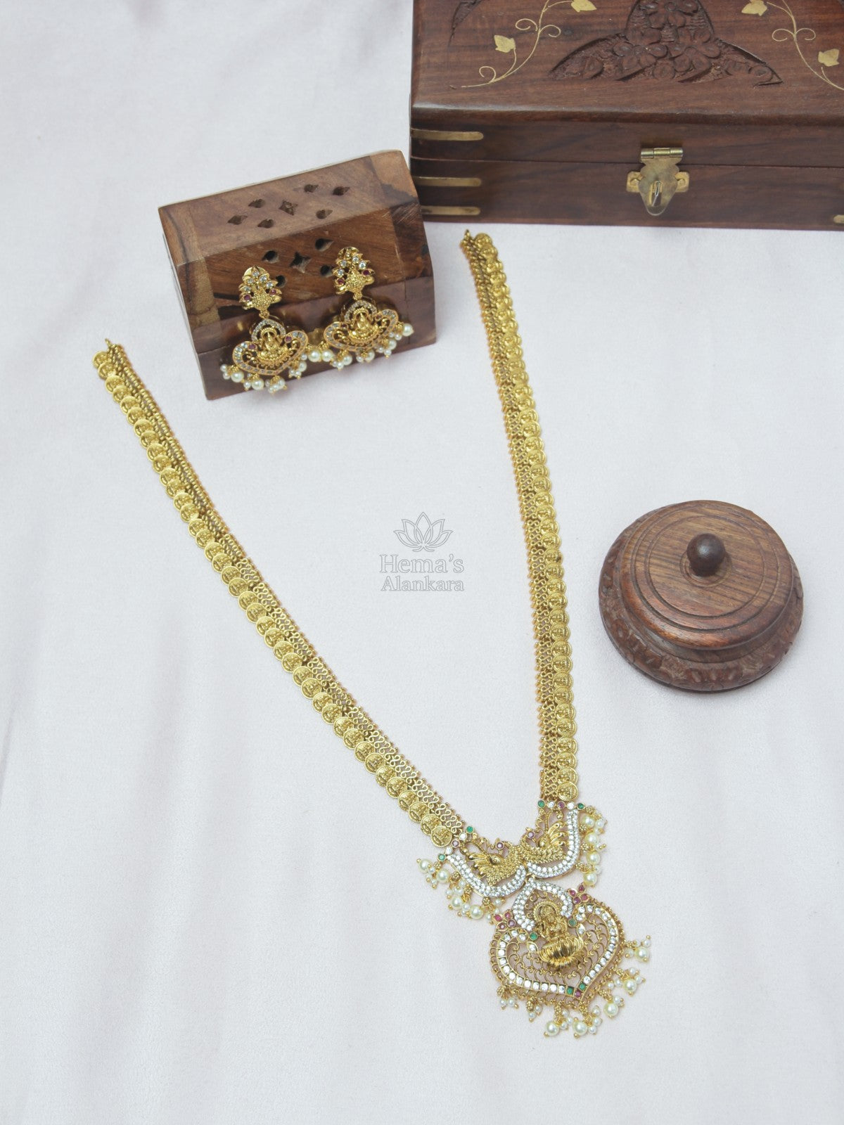 Lakshmi Peacock Temple Haram Set | Antique Gold Bridal Long Necklace with Earrings