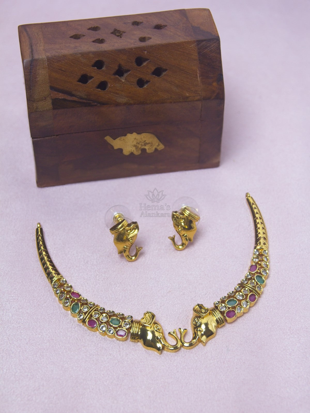 Twin Gaja Ruby Emerald Kemp Necklace Set with Matching Elephant Earrings| Temple Jewellery