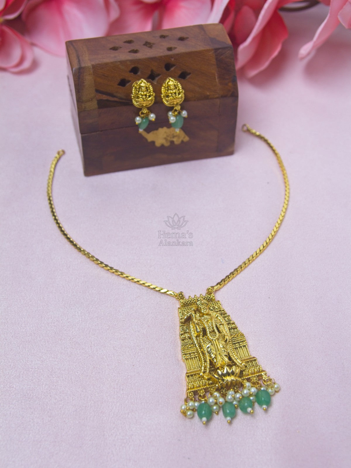 Antique Gold Lakshmi Gopuram Pendant Set with Green Bead & Pearl Drops | Temple Jewellery
