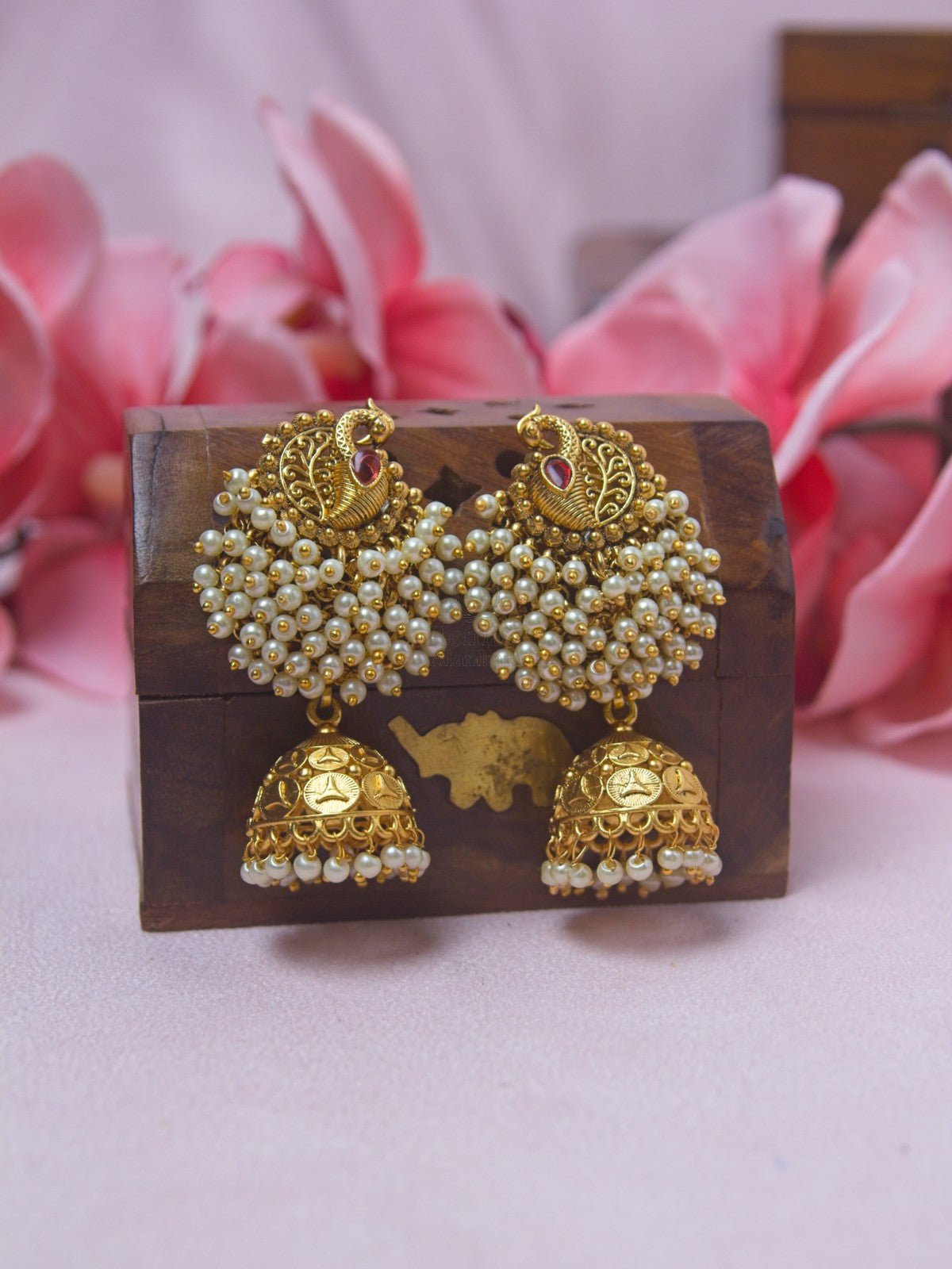 Antique Peacock Clustered Pearl Jhumka Earrings | Traditional Temple Style Earrings