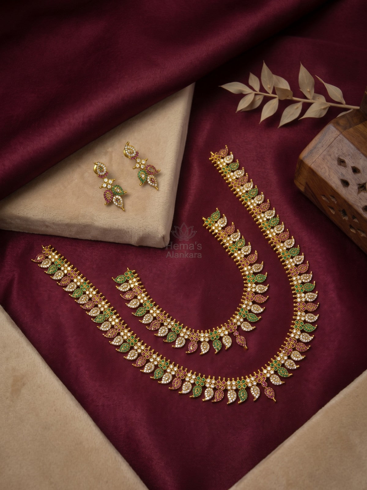 Antique Gold Bridal Multistone CZ Necklace Set with Matching Earrings for Weddings