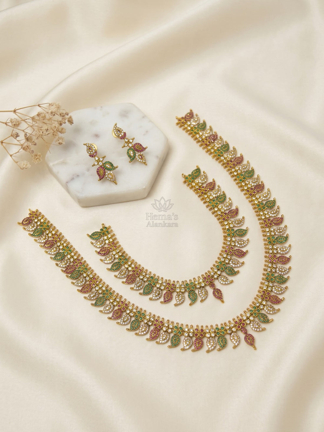 Antique Gold Bridal Multistone CZ Necklace Set with Matching Earrings for Weddings
