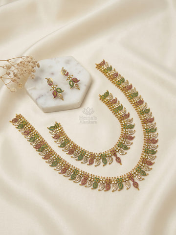 Antique Gold Bridal Multistone CZ Necklace Set with Matching Earrings for Weddings