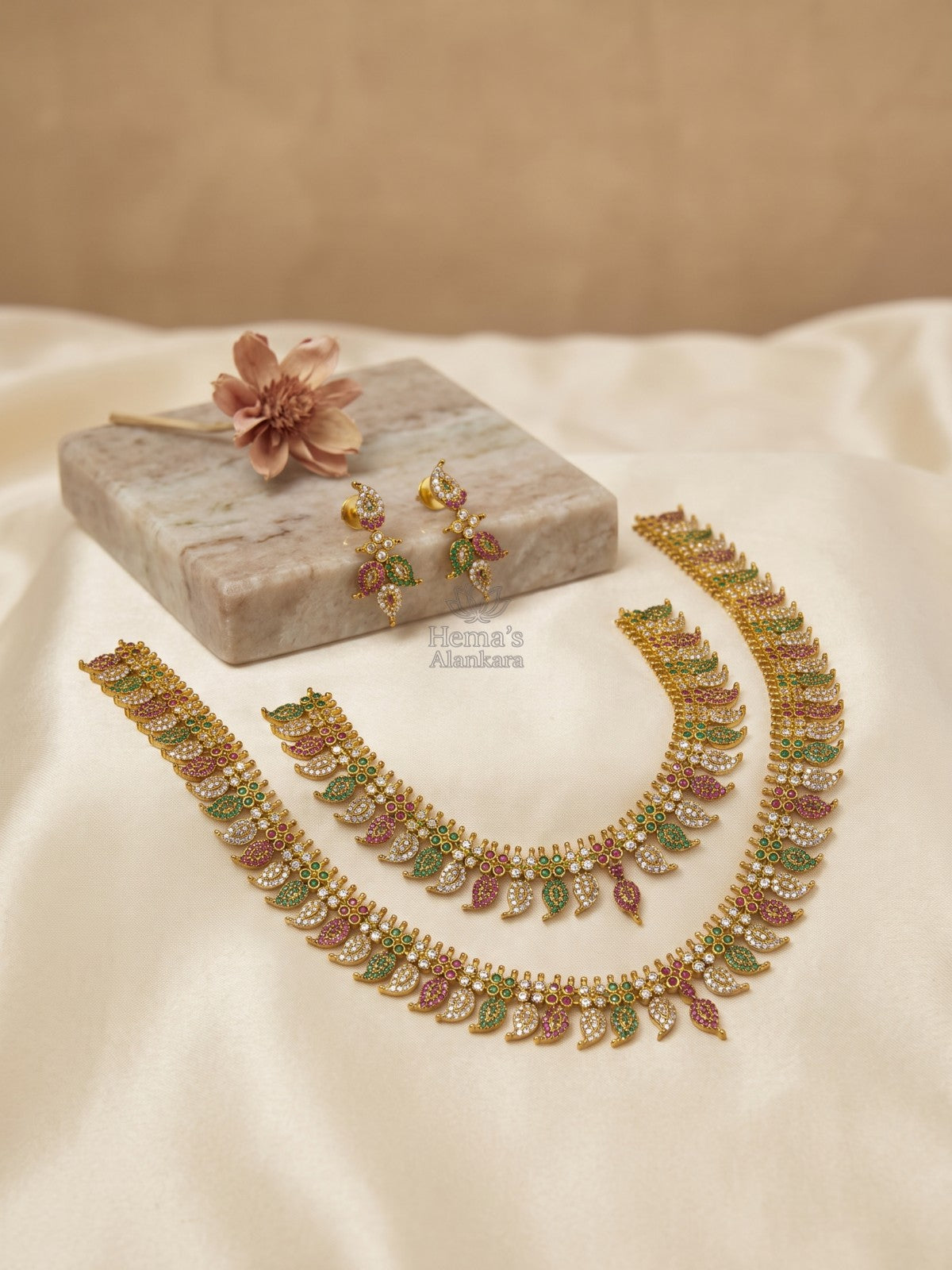 Antique Gold Bridal Multistone CZ Necklace Set with Matching Earrings for Weddings