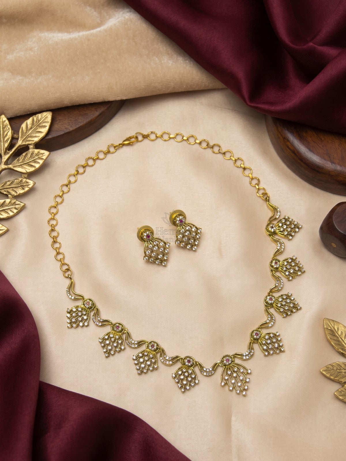 Antique Gold CZ Floral Leaf Necklace Set | Elegant Party Wear