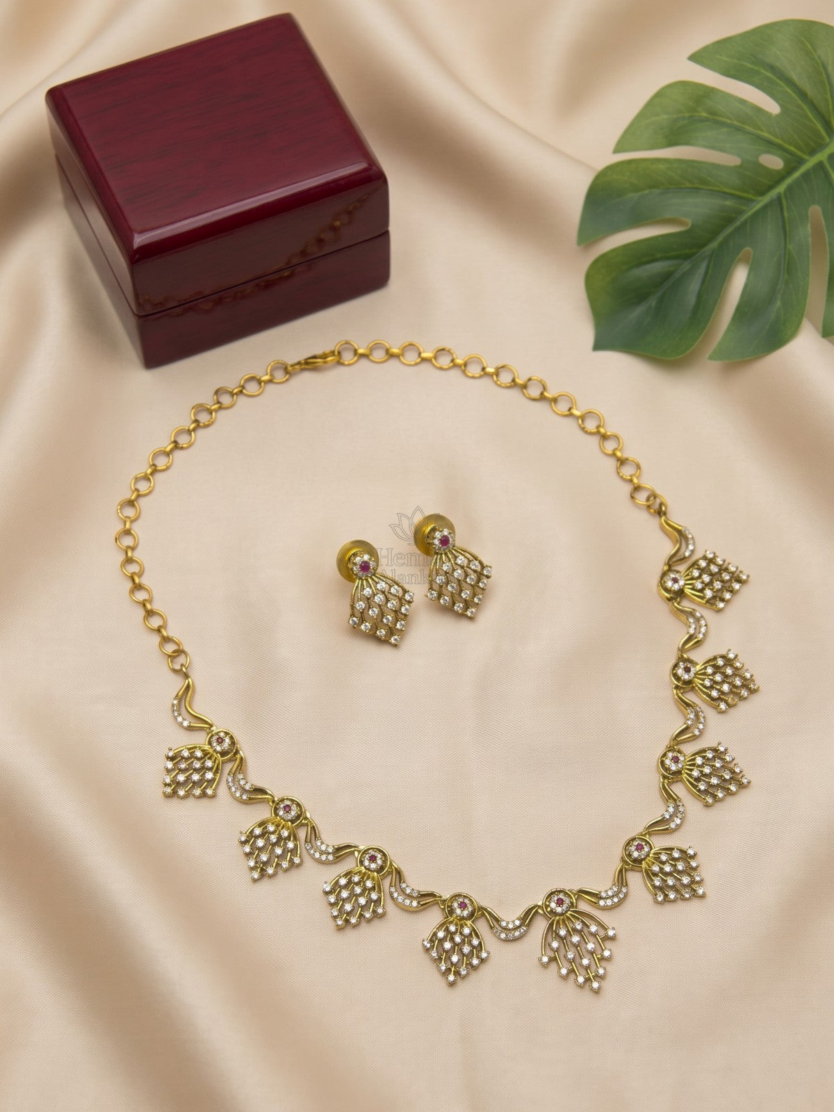 Antique Gold CZ Floral Leaf Necklace Set | Elegant Party Wear