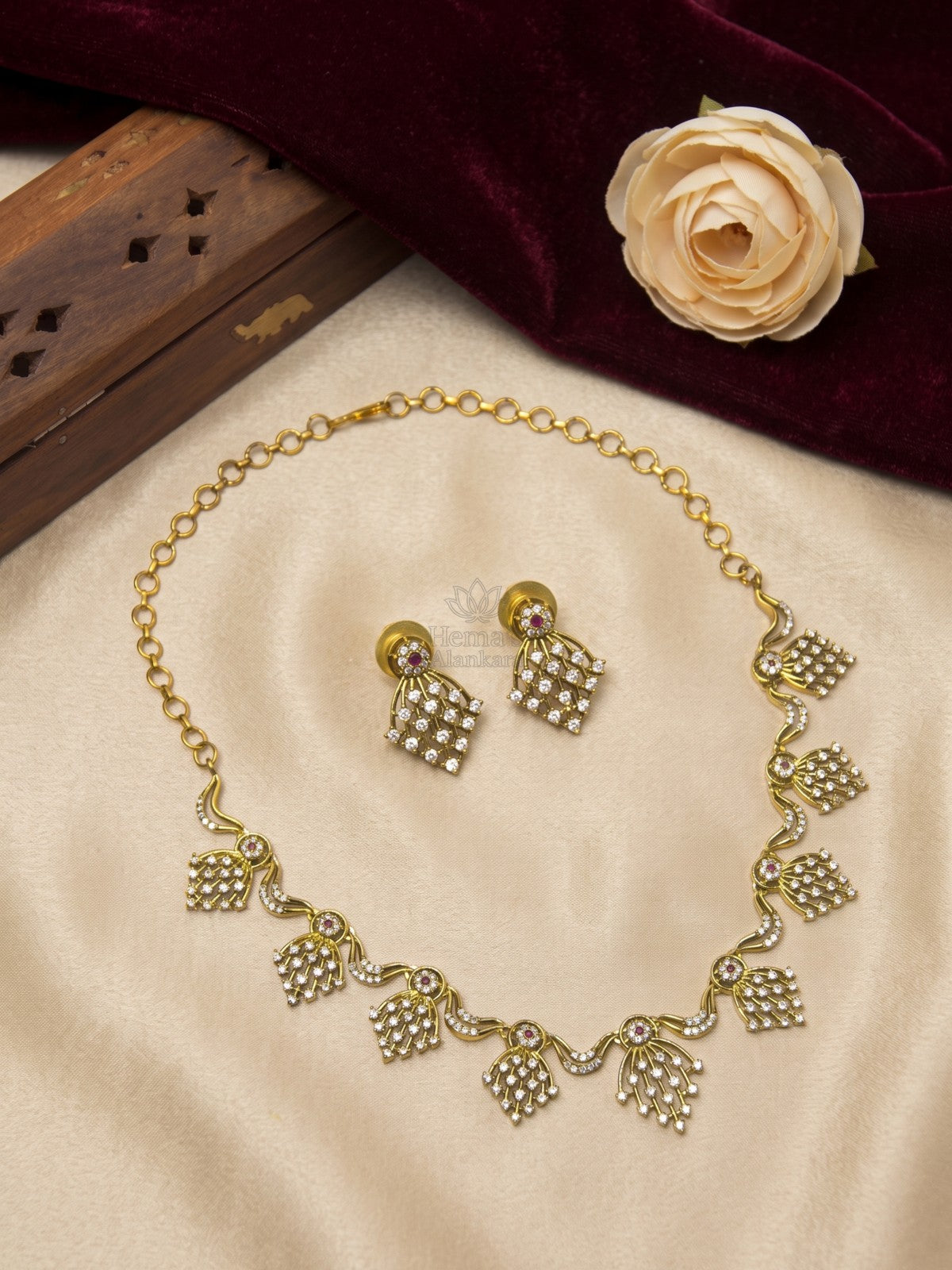 Antique Gold CZ Floral Leaf Necklace Set | Elegant Party Wear
