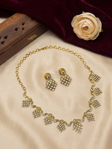 Antique Gold CZ Floral Leaf Necklace Set | Elegant Party Wear
