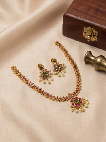 Heritage Kemp Temple Necklace Set with Pearl Drops | Gold Finish Traditional Jewellery
