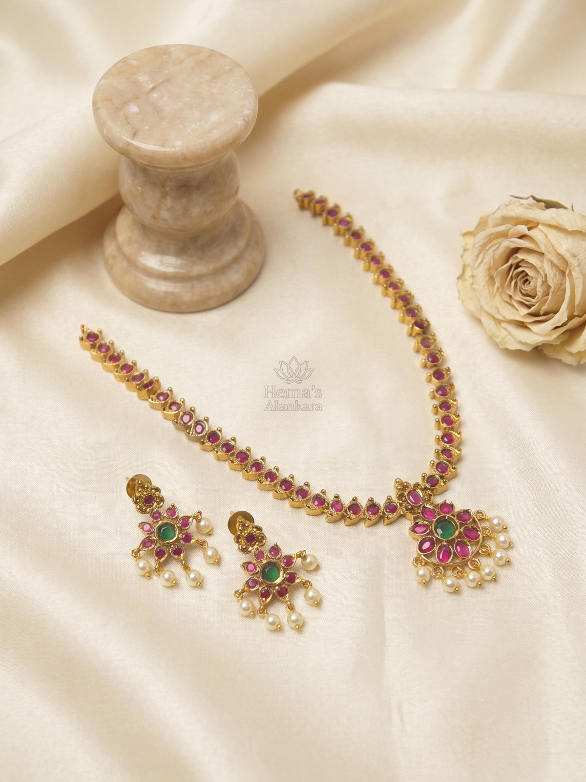 Heritage Kemp Temple Necklace Set with Pearl Drops | Gold Finish Traditional Jewellery