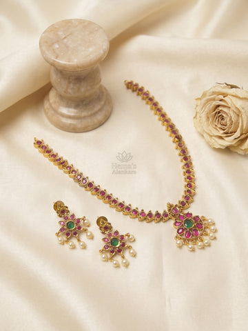 Heritage Kemp Temple Necklace Set with Pearl Drops | Gold Finish Traditional Jewellery