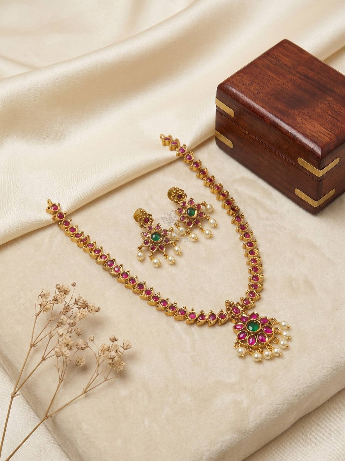 Heritage Kemp Temple Necklace Set with Pearl Drops | Gold Finish Traditional Jewellery