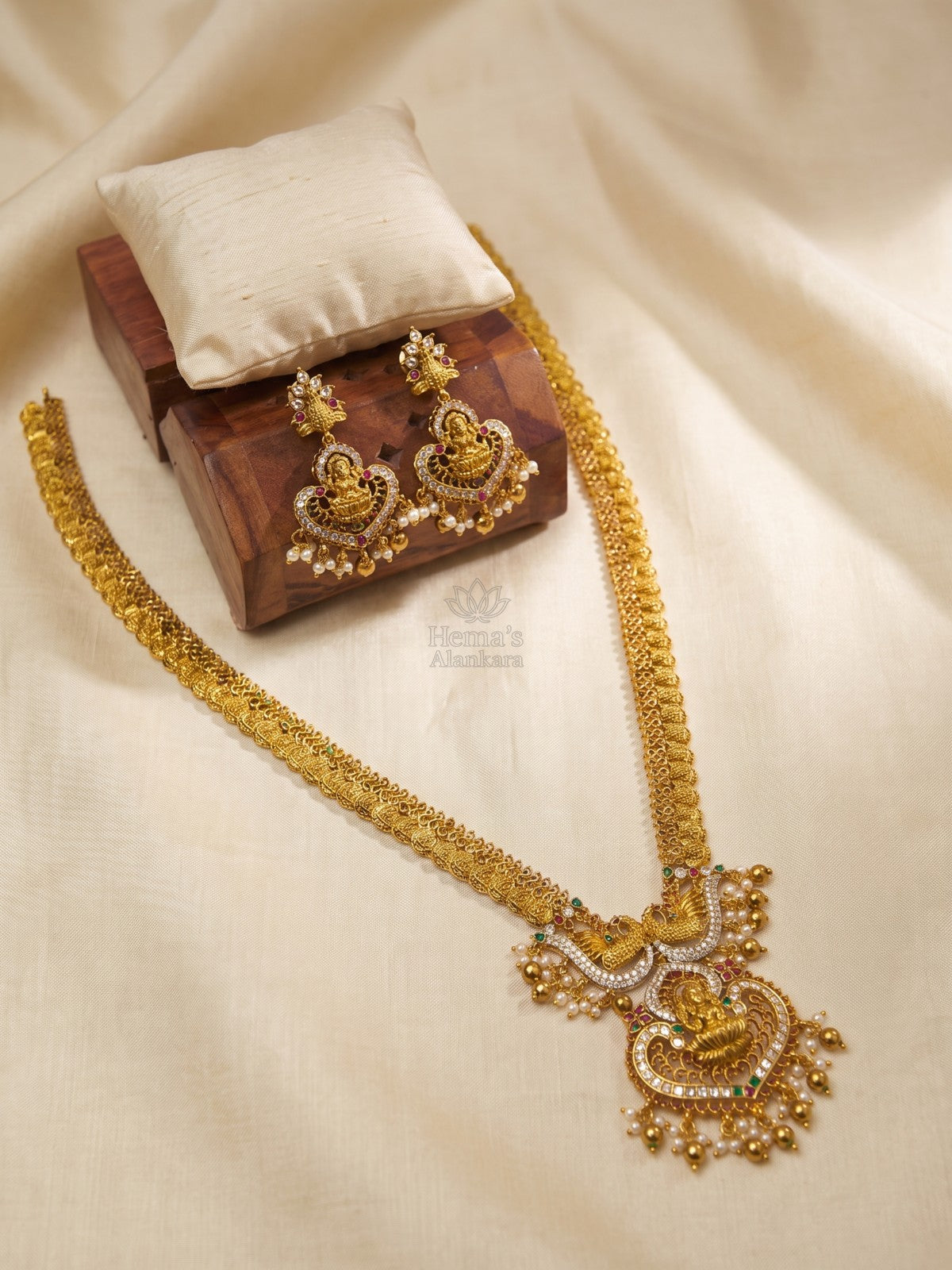 Antique Gold Lakshmi Peacock Temple Haram Set | Antique Gold Bridal Long Necklace with Earrings
