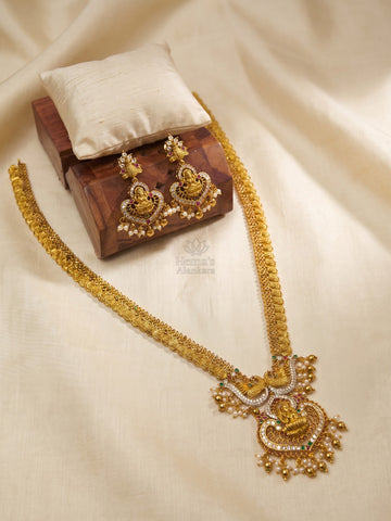 Antique Gold Lakshmi Peacock Temple Haram Set | Antique Gold Bridal Long Necklace with Earrings