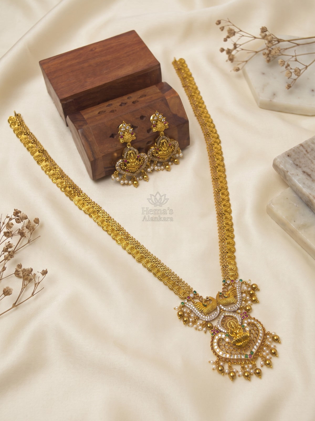 Antique Gold Lakshmi Peacock Temple Haram Set | Antique Gold Bridal Long Necklace with Earrings