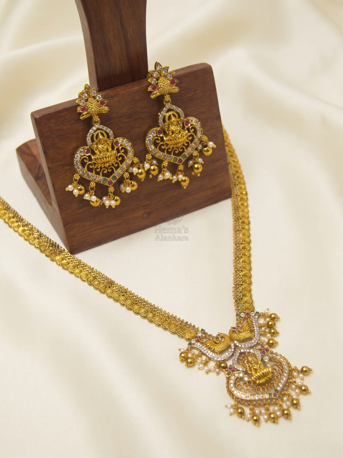 Antique Gold Lakshmi Peacock Temple Haram Set | Antique Gold Bridal Long Necklace with Earrings