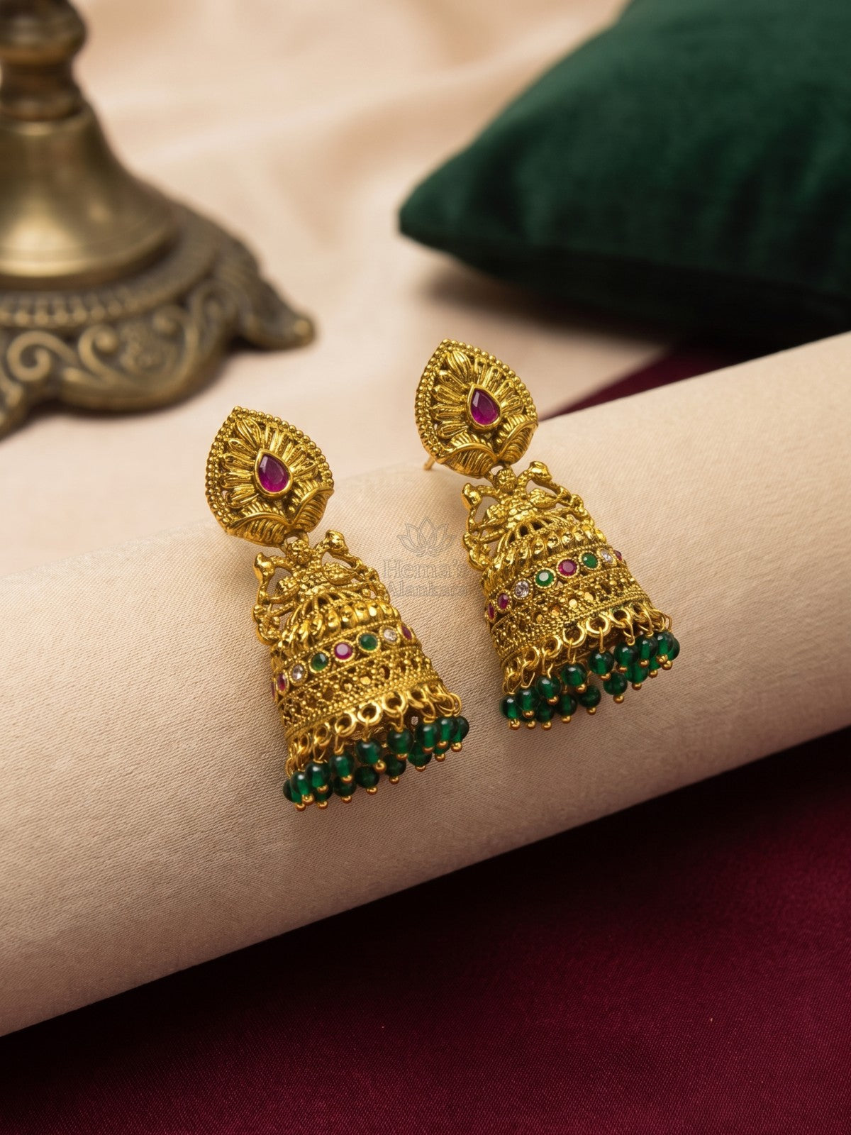 Antique Gold Peacock Jhumka Earrings with Ruby Green Stones & Green Beads
