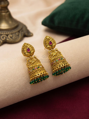 Antique Gold Peacock Jhumka Earrings with Ruby Green Stones & Green Beads