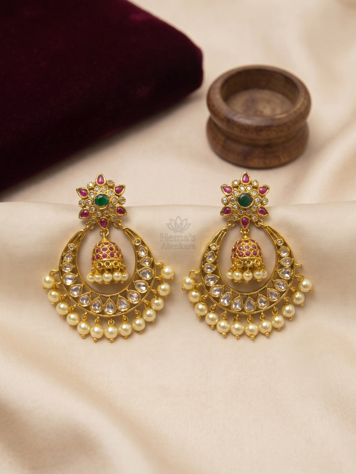 Antique Gold Chandbali Earrings with Hanging Kemp Jhumka & Pearl Drops