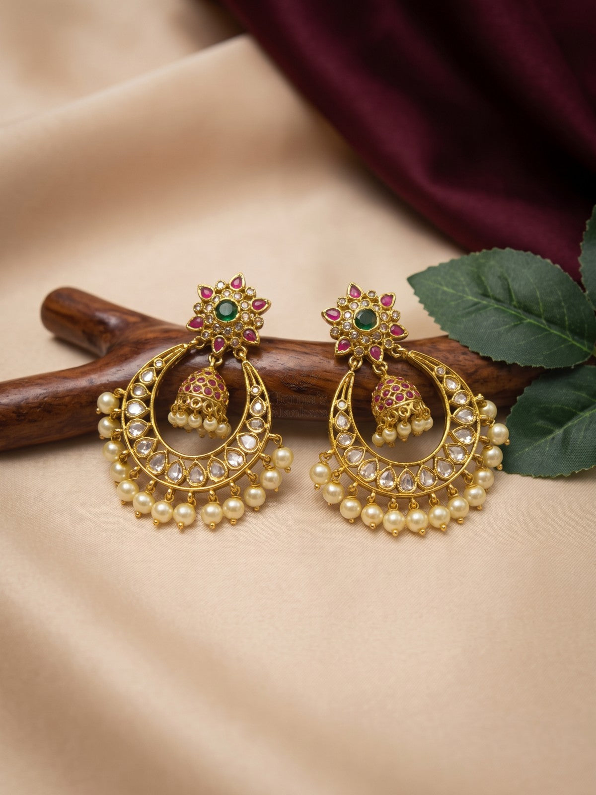 Antique Gold Chandbali Earrings with Hanging Kemp Jhumka & Pearl Drops