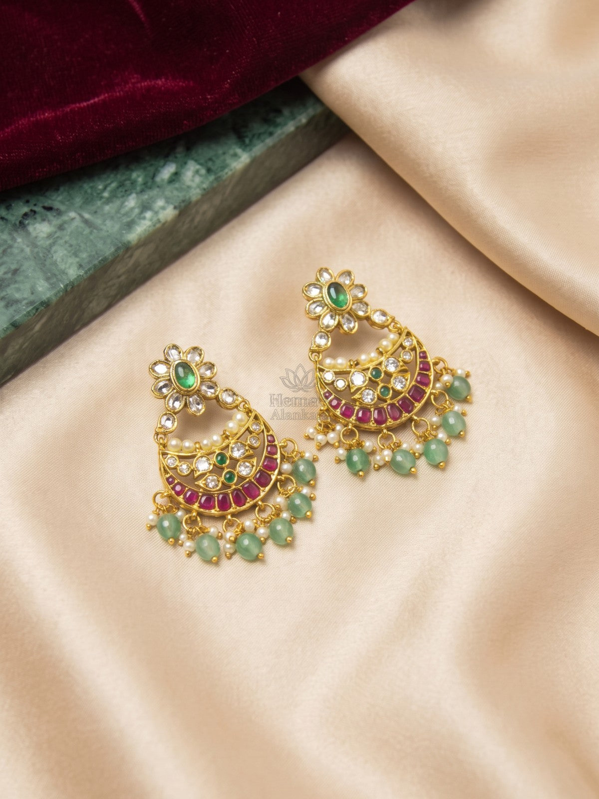 Antique Gold Ruby Green Kundan Chandbali Earrings with Pearl & Green Bead Drops