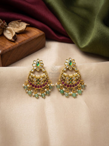 Antique Gold Ruby Green Kundan Chandbali Earrings with Pearl & Green Bead Drops
