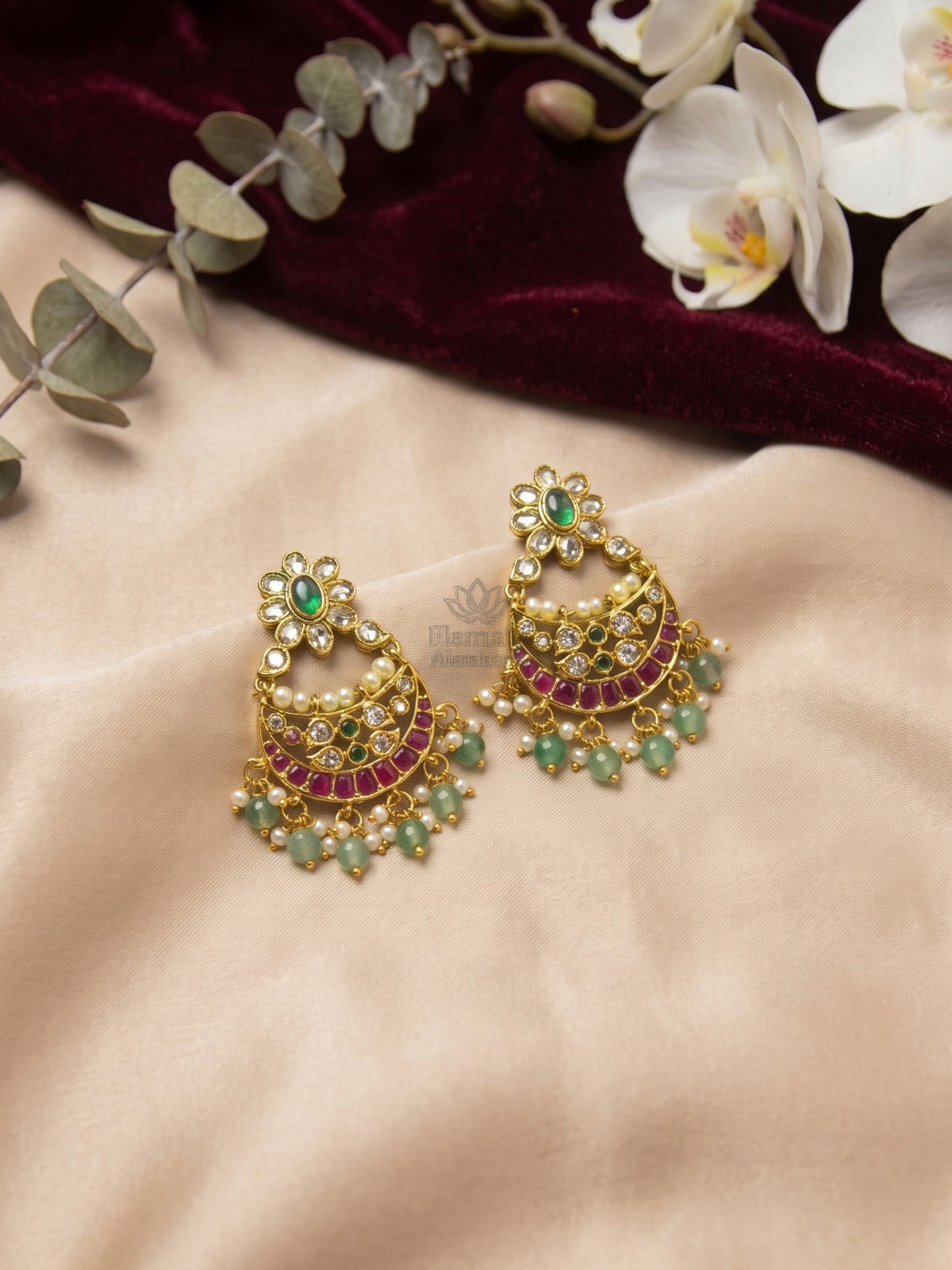 Antique Gold Ruby Green Kundan Chandbali Earrings with Pearl & Green Bead Drops