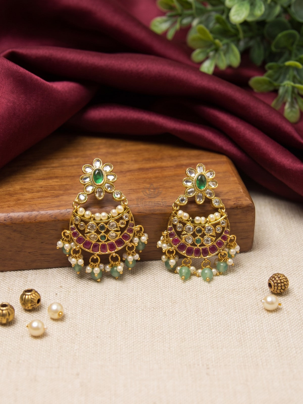 Antique Gold Ruby Green Kundan Chandbali Earrings with Pearl & Green Bead Drops