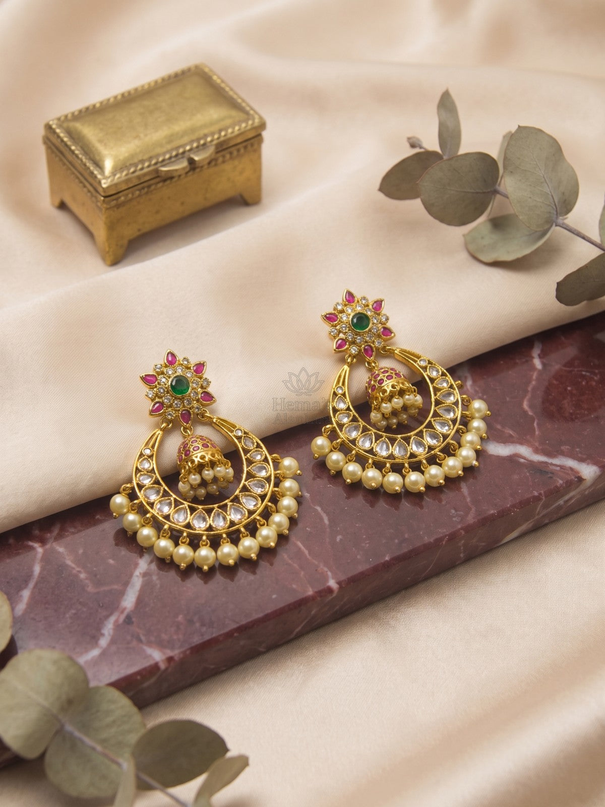 Antique Gold Chandbali Earrings with Hanging Kemp Jhumka & Pearl Drops