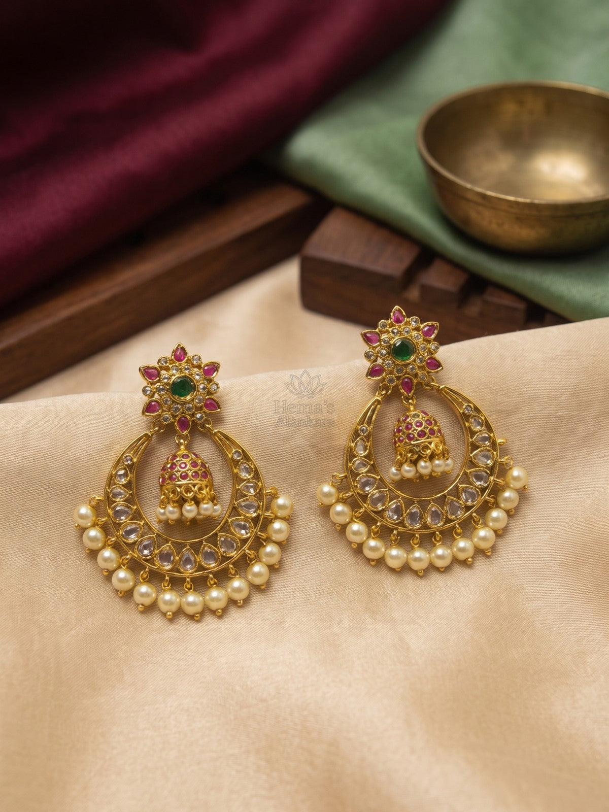 Antique Gold Chandbali Earrings with Hanging Kemp Jhumka & Pearl Drops