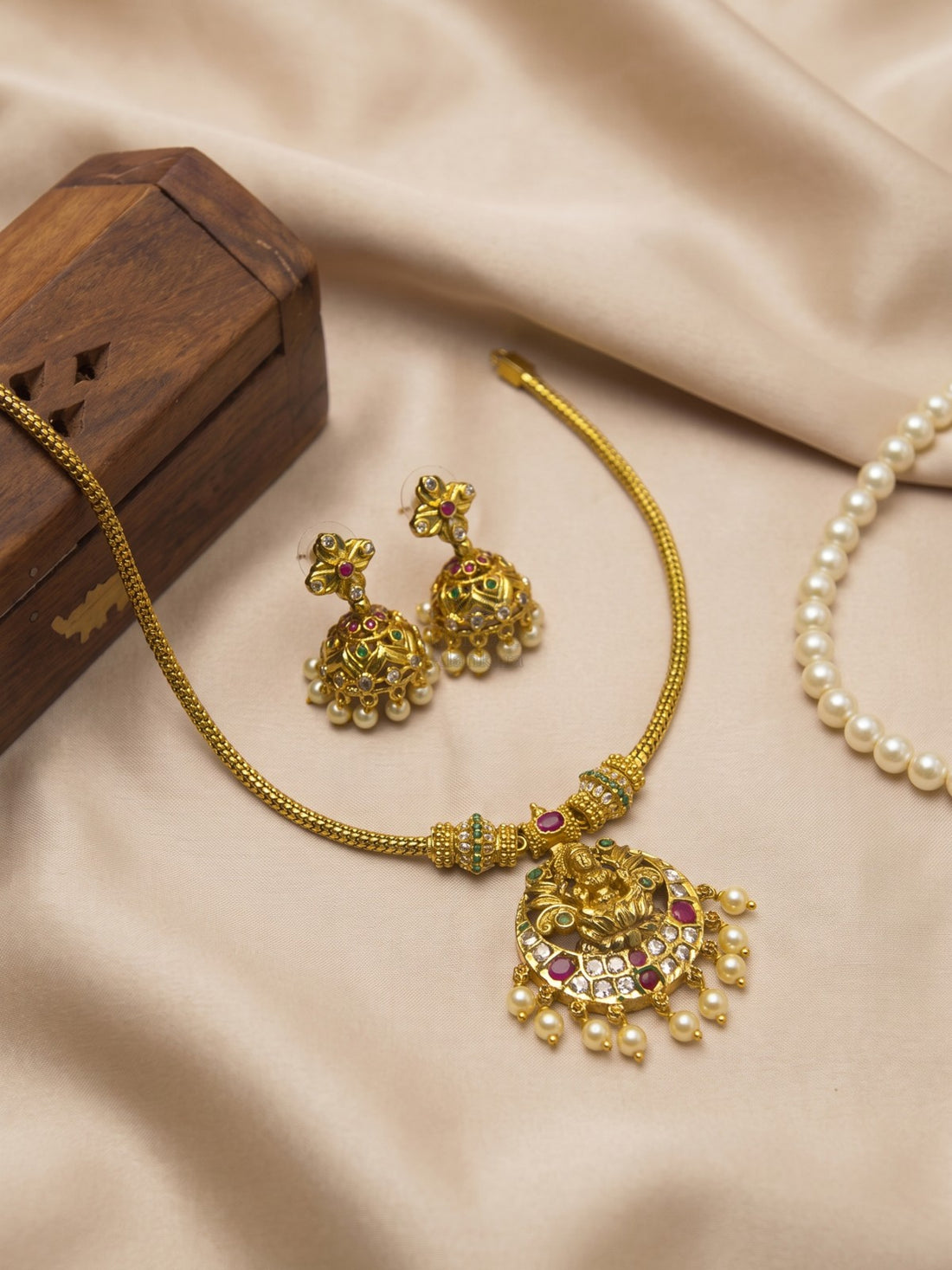 Divine Lakshmi Temple Pendant Necklace Set with Jhumka Earrings | Antique Gold Temple Jewellery