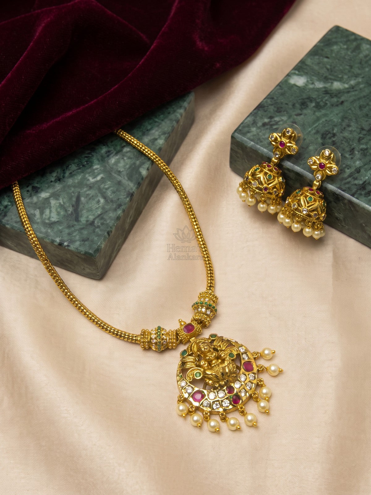 Divine Lakshmi Temple Pendant Necklace Set with Jhumka Earrings | Antique Gold Temple Jewellery